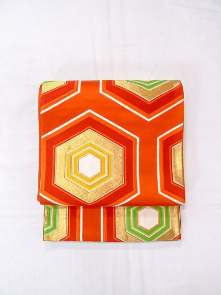 画像2: N0914D 袋帯 女性用着物 シルク（正絹）   橙色 亀甲 【中古】 【USED】 【リサイクル】 ★★★★☆ (2)