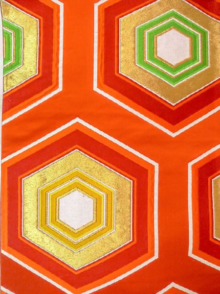 画像3: N0914D 袋帯 女性用着物 シルク（正絹）   橙色 亀甲 【中古】 【USED】 【リサイクル】 ★★★★☆ (3)