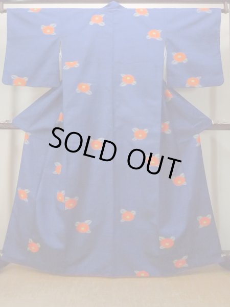 画像1: N1007T 女性用紬  シルク（正絹） 鮮やか青, 菊 【中古】【USED】【リサイクル】 ★★★☆☆【N1007T】 (1)