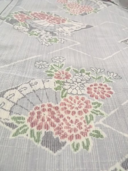 画像9: N1007U 女性用紬  シルク（正絹） 灰色がかった水色, ぼたん 【中古】【USED】【リサイクル】 ★★★☆☆【N1007U】 (9)