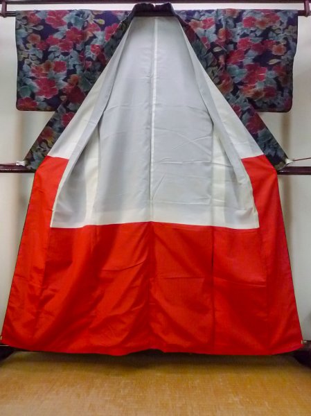 画像2: N1015I 女性用紬 十日町紬 シルク（正絹） 深い藍, 花 【中古】【USED】【リサイクル】 ★★★★☆【N1015I】 (2)