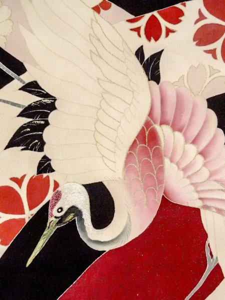 画像19: N1015J 昭和初期ごろ。アンティーク品。女性用打掛  シルク（正絹） 黒, 桜 【中古】【USED】【リサイクル】 ★★★☆☆【N1015J】 (19)