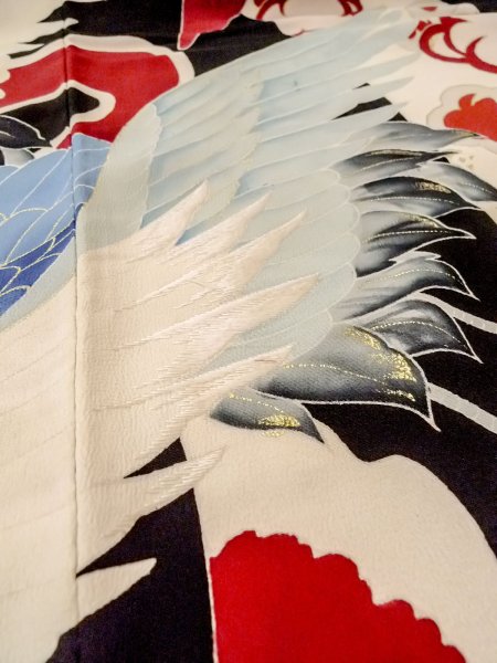 画像26: N1015J 昭和初期ごろ。アンティーク品。女性用打掛  シルク（正絹） 黒, 桜 【中古】【USED】【リサイクル】 ★★★☆☆【N1015J】 (26)