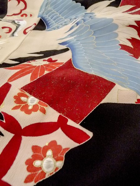 画像28: N1015J 昭和初期ごろ。アンティーク品。女性用打掛  シルク（正絹） 黒, 桜 【中古】【USED】【リサイクル】 ★★★☆☆【N1015J】 (28)