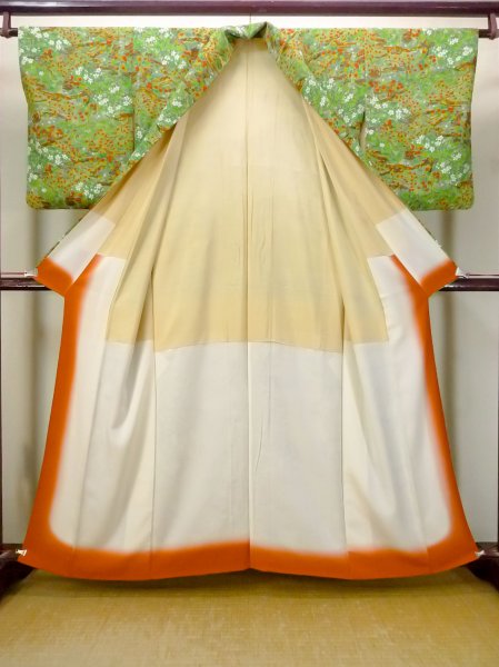 画像2: N1112A 女性用小紋  シルク（正絹） 緑色, もみじ 【中古】【USED】【リサイクル】 ★★★★☆【N1112A】 (2)