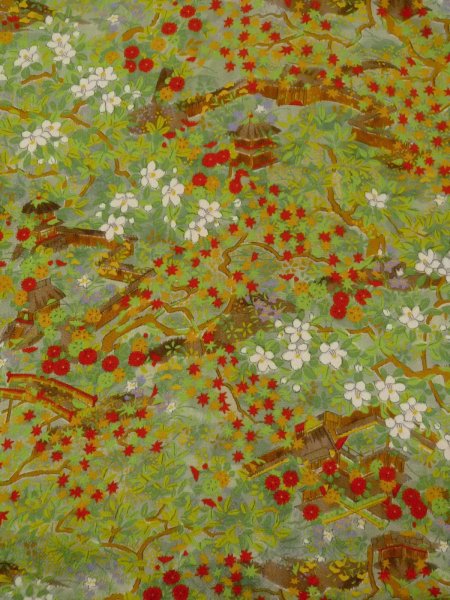 画像3: N1112A 女性用小紋  シルク（正絹） 緑色, もみじ 【中古】【USED】【リサイクル】 ★★★★☆【N1112A】 (3)