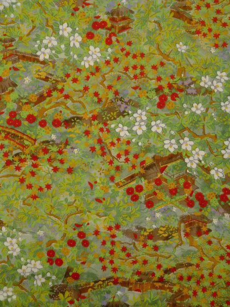 画像4: N1112A 女性用小紋  シルク（正絹） 緑色, もみじ 【中古】【USED】【リサイクル】 ★★★★☆【N1112A】 (4)