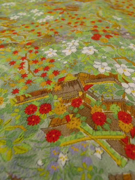 画像8: N1112A 女性用小紋  シルク（正絹） 緑色, もみじ 【中古】【USED】【リサイクル】 ★★★★☆【N1112A】 (8)