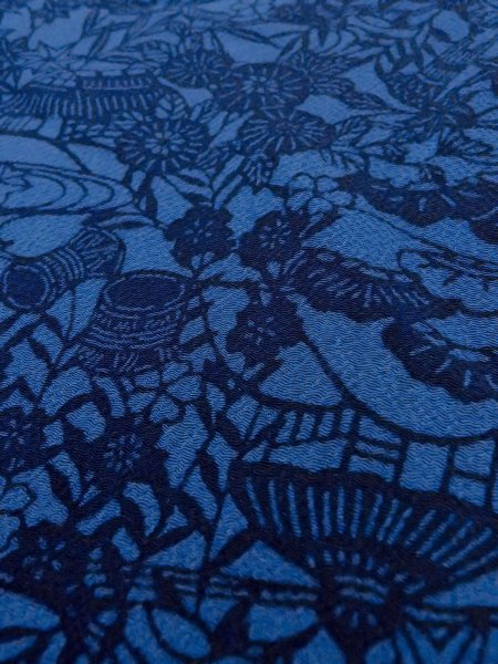 画像8: N1112E 女性用小紋  シルク(正絹) 深い青, 菊 【中古】【USED】【リサイクル】 ★★★☆☆【N1112E】 (8)