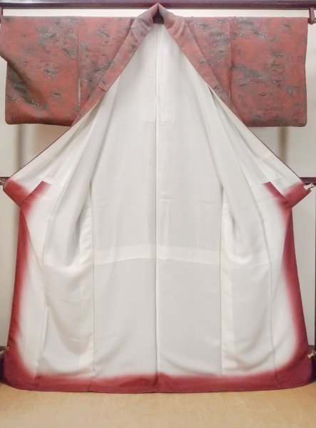 画像2: N1112F 女性用小紋  シルク(正絹) えんじ, ぼたん 【中古】【USED】【リサイクル】 ★★★★☆【N1112F】 (2)