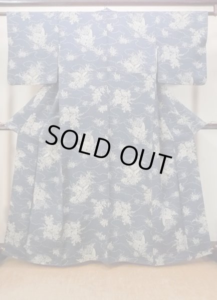 画像1: N1112H 女性用小紋  シルク（正絹） 灰色がかった藍, ぼたん 【中古】【USED】【リサイクル】 ★★☆☆☆【N1112H】 (1)
