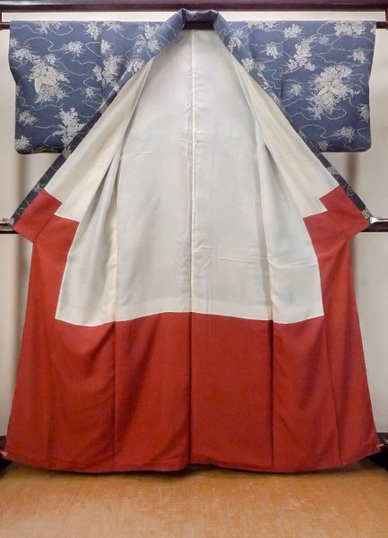 画像2: N1112H 女性用小紋  シルク(正絹) 灰色がかった藍, ぼたん 【中古】【USED】【リサイクル】 ★★☆☆☆【N1112H】 (2)