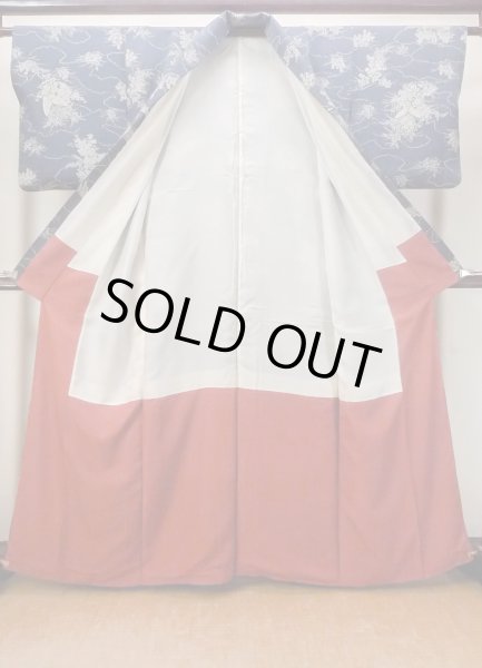 画像2: N1112H 女性用小紋  シルク（正絹） 灰色がかった藍, ぼたん 【中古】【USED】【リサイクル】 ★★☆☆☆【N1112H】 (2)