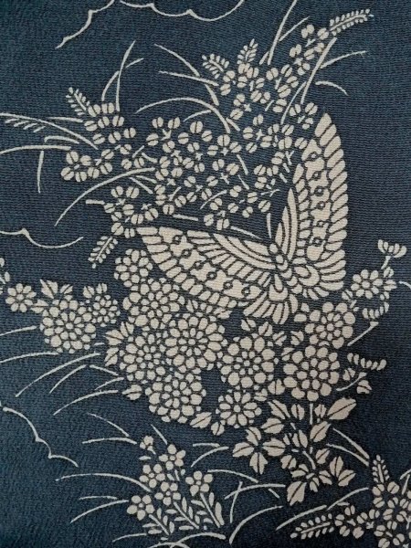 画像6: N1112H 女性用小紋  シルク(正絹) 灰色がかった藍, ぼたん 【中古】【USED】【リサイクル】 ★★☆☆☆【N1112H】 (6)