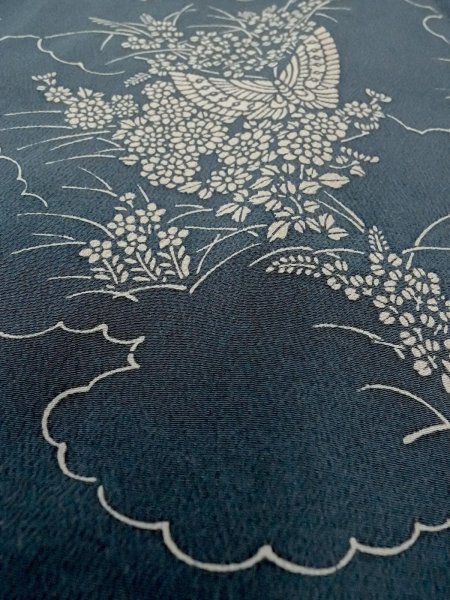 画像8: N1112H 女性用小紋  シルク(正絹) 灰色がかった藍, ぼたん 【中古】【USED】【リサイクル】 ★★☆☆☆【N1112H】 (8)