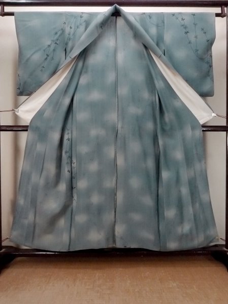 画像2: N1112M 女性用単衣  シルク(正絹) 灰色がかった紺, 草 【中古】【USED】【リサイクル】 ★☆☆☆☆【N1112M】 (2)