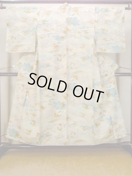 画像1: N1112P 女性用小紋  シルク(正絹) 薄いオフ ホワイト, もみじ 【中古】【USED】【リサイクル】 ★★☆☆☆【N1112P】 (1)