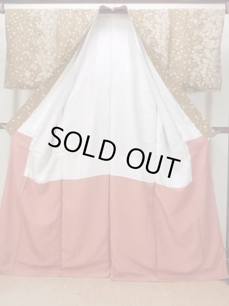 画像2: N1112S 女性用小紋  化繊 黄み茶色, 桜 【中古】【USED】【リサイクル】 ★★★★☆【N1112S】 (2)