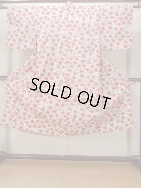 画像1: N1112T 女性用単衣  ウール アイボリー, 花 【中古】【USED】【リサイクル】 ★☆☆☆☆【N1112T】 (1)