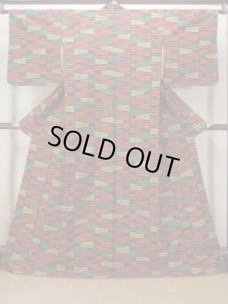 画像1: N1126C 女性用紬  シルク（正絹） 鮮やかマルチカラー, 扇 【中古】【USED】【リサイクル】 ★★★★☆【N1126C】 (1)