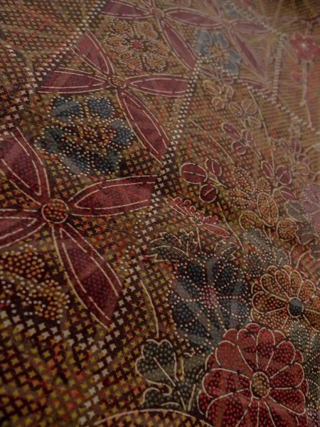 画像9: N1126H 女性用紬  シルク（正絹） 深い茶色, 花 【中古】【USED】【リサイクル】 ★★★★★【N1126H】 (9)