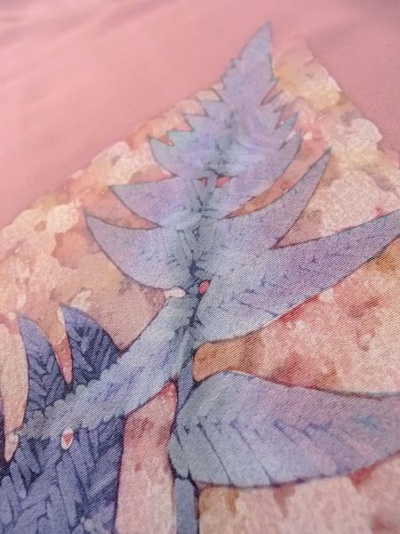 画像13: N1126L 女性用訪問着  シルク（正絹） 淡い桃色, 葉 【中古】【USED】【リサイクル】 ★★★★☆【N1126L】 (13)