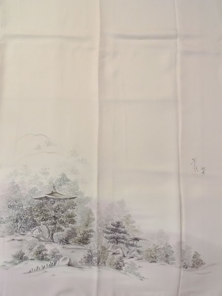 画像7: N1126N 女性用訪問着  シルク（正絹） 紫みアイボリー, 寺 【中古】【USED】【リサイクル】 ★★★☆☆【N1126N】 (7)