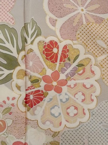 画像6: N1126P 女性用訪問着  シルク(正絹) 淡いベージュ, 桜 【中古】【USED】【リサイクル】 ★★☆☆☆【N1126P】 (6)