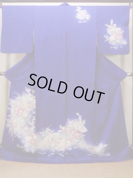 画像1: N1126Q 女性用訪問着  シルク（正絹） 青, ぼたん 【中古】【USED】【リサイクル】 ★★★☆☆【N1126Q】 (1)