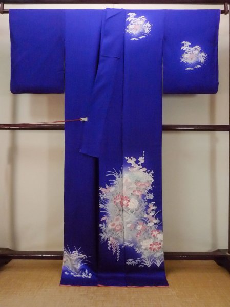 画像2: N1126Q 女性用訪問着  シルク(正絹) 青, ぼたん 【中古】【USED】【リサイクル】 ★★★☆☆【N1126Q】 (2)