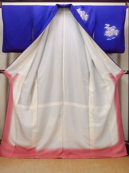 画像3: N1126Q 女性用訪問着  シルク(正絹) 青, ぼたん 【中古】【USED】【リサイクル】 ★★★☆☆【N1126Q】 (3)