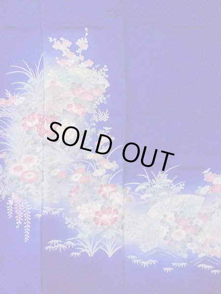 画像4: N1126Q 女性用訪問着  シルク（正絹） 青, ぼたん 【中古】【USED】【リサイクル】 ★★★☆☆【N1126Q】 (4)