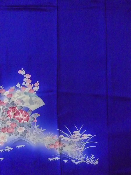 画像5: N1126Q 女性用訪問着  シルク(正絹) 青, ぼたん 【中古】【USED】【リサイクル】 ★★★☆☆【N1126Q】 (5)