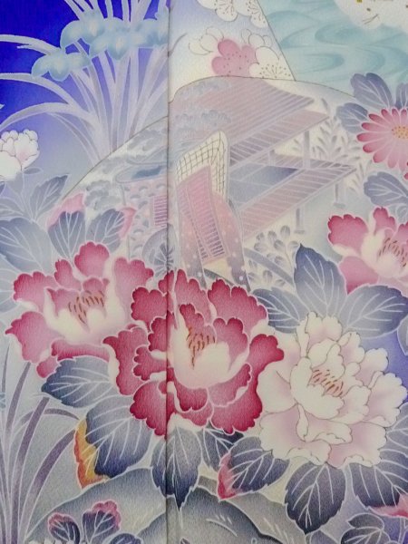 画像6: N1126Q 女性用訪問着  シルク(正絹) 青, ぼたん 【中古】【USED】【リサイクル】 ★★★☆☆【N1126Q】 (6)