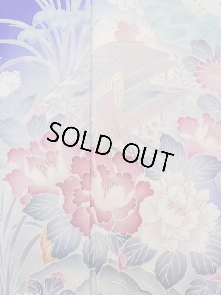 画像6: N1126Q 女性用訪問着  シルク（正絹） 青, ぼたん 【中古】【USED】【リサイクル】 ★★★☆☆【N1126Q】 (6)