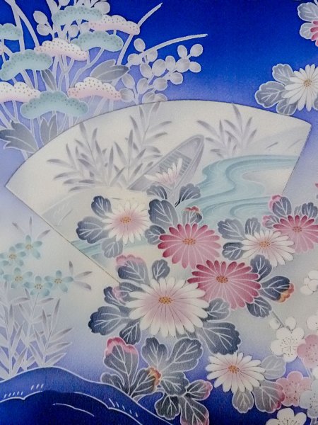 画像7: N1126Q 女性用訪問着  シルク(正絹) 青, ぼたん 【中古】【USED】【リサイクル】 ★★★☆☆【N1126Q】 (7)