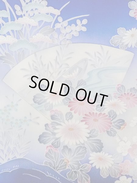 画像7: N1126Q 女性用訪問着  シルク（正絹） 青, ぼたん 【中古】【USED】【リサイクル】 ★★★☆☆【N1126Q】 (7)