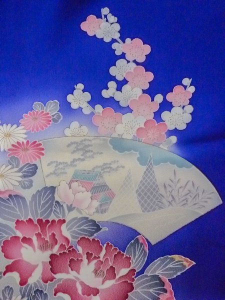 画像8: N1126Q 女性用訪問着  シルク(正絹) 青, ぼたん 【中古】【USED】【リサイクル】 ★★★☆☆【N1126Q】 (8)