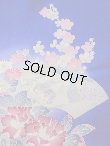 画像8: N1126Q 女性用訪問着  シルク（正絹） 青, ぼたん 【中古】【USED】【リサイクル】 ★★★☆☆【N1126Q】 (8)