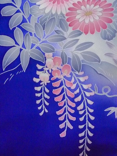 画像9: N1126Q 女性用訪問着  シルク(正絹) 青, ぼたん 【中古】【USED】【リサイクル】 ★★★☆☆【N1126Q】 (9)