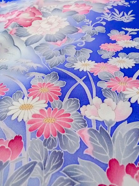 画像10: N1126Q 女性用訪問着  シルク(正絹) 青, ぼたん 【中古】【USED】【リサイクル】 ★★★☆☆【N1126Q】 (10)