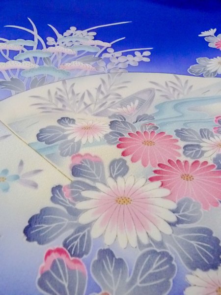 画像11: N1126Q 女性用訪問着  シルク(正絹) 青, ぼたん 【中古】【USED】【リサイクル】 ★★★☆☆【N1126Q】 (11)