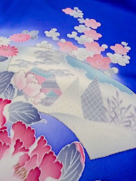 画像12: N1126Q 女性用訪問着  シルク(正絹) 青, ぼたん 【中古】【USED】【リサイクル】 ★★★☆☆【N1126Q】 (12)