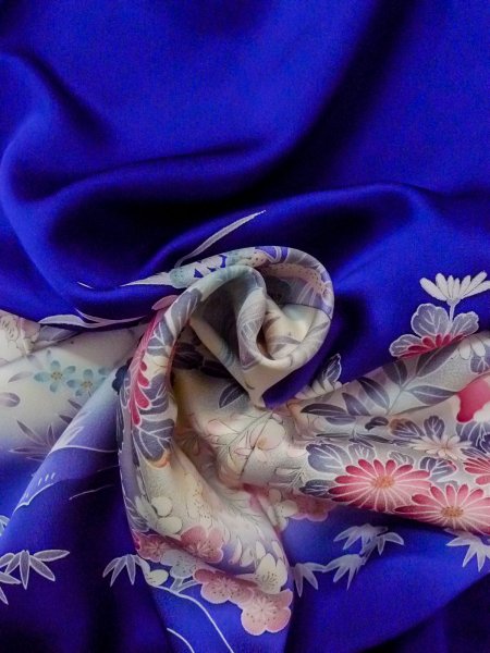 画像15: N1126Q 女性用訪問着  シルク(正絹) 青, ぼたん 【中古】【USED】【リサイクル】 ★★★☆☆【N1126Q】 (15)