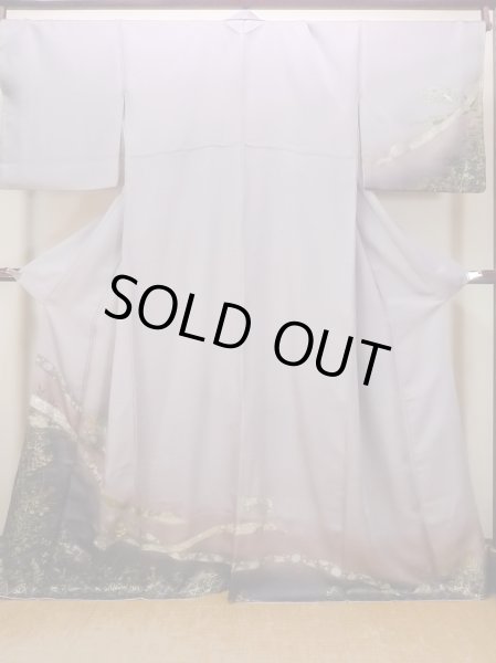 画像1: N1126S 女性用訪問着  シルク（正絹） 淡い灰色がかった藤色, ききょう 【中古】【USED】【リサイクル】 ★★★☆☆【N1126S】 (1)