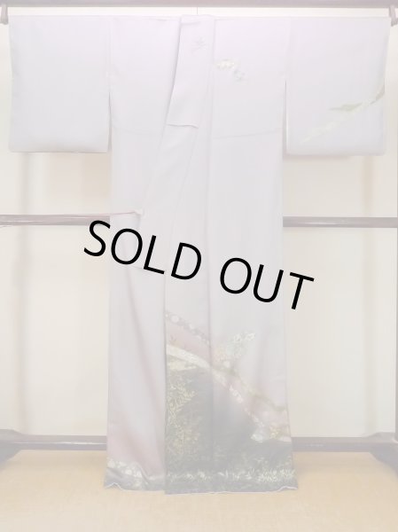 画像2: N1126S 女性用訪問着  シルク（正絹） 淡い灰色がかった藤色, ききょう 【中古】【USED】【リサイクル】 ★★★☆☆【N1126S】 (2)