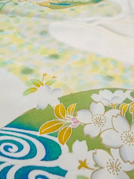 画像14: N1126T 女性用訪問着  シルク(正絹) 光沢のあるアイボリー, 桜 【中古】【USED】【リサイクル】 ★★☆☆☆【N1126T】 (14)