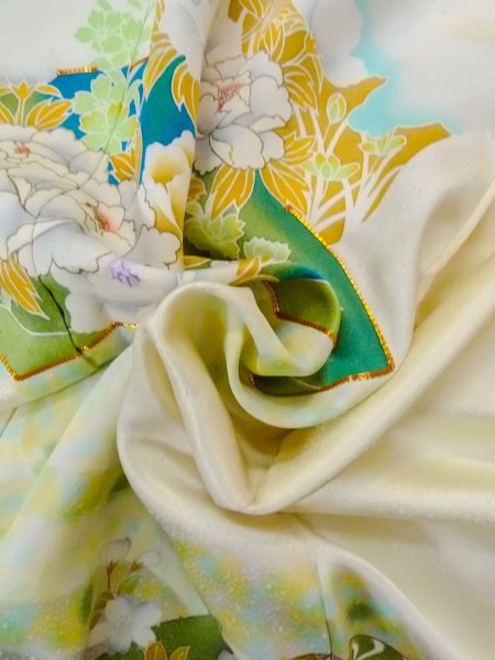 画像17: N1126T 女性用訪問着  シルク(正絹) 光沢のあるアイボリー, 桜 【中古】【USED】【リサイクル】 ★★☆☆☆【N1126T】 (17)