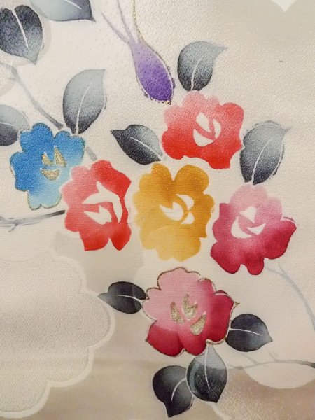 画像8: N1126U 女性用訪問着  シルク(正絹) 光沢のあるオフ ホワイト, バラ 【中古】【USED】【リサイクル】 ★★★☆☆【N1126U】 (8)