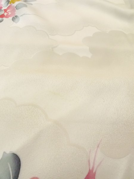 画像13: N1126U 女性用訪問着  シルク(正絹) 光沢のあるオフ ホワイト, バラ 【中古】【USED】【リサイクル】 ★★★☆☆【N1126U】 (13)